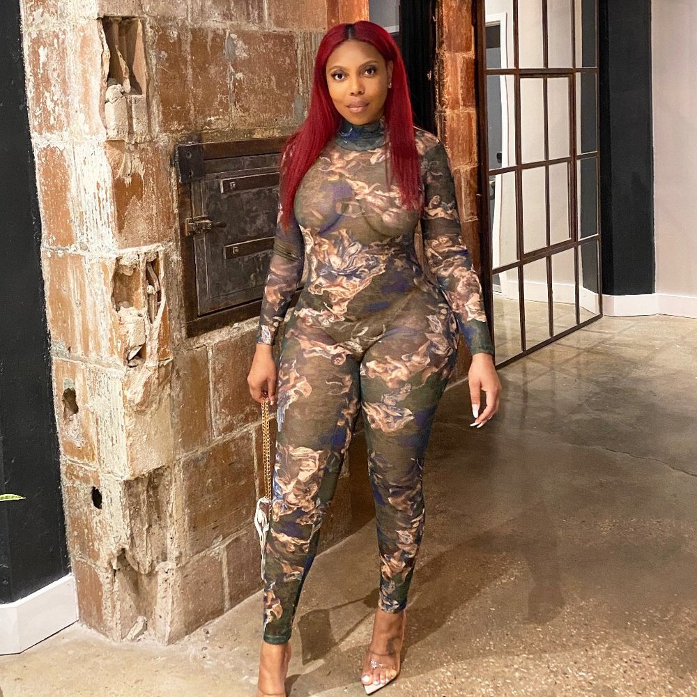 Calling The Angels Mesh Jumpsuit in Hunter